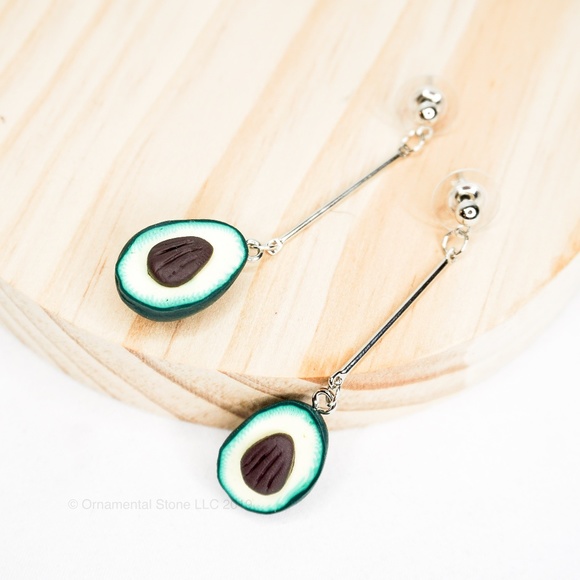 Ornamental Stone Jewelry - Avocado Halves 925 Silver Long Earrings #49